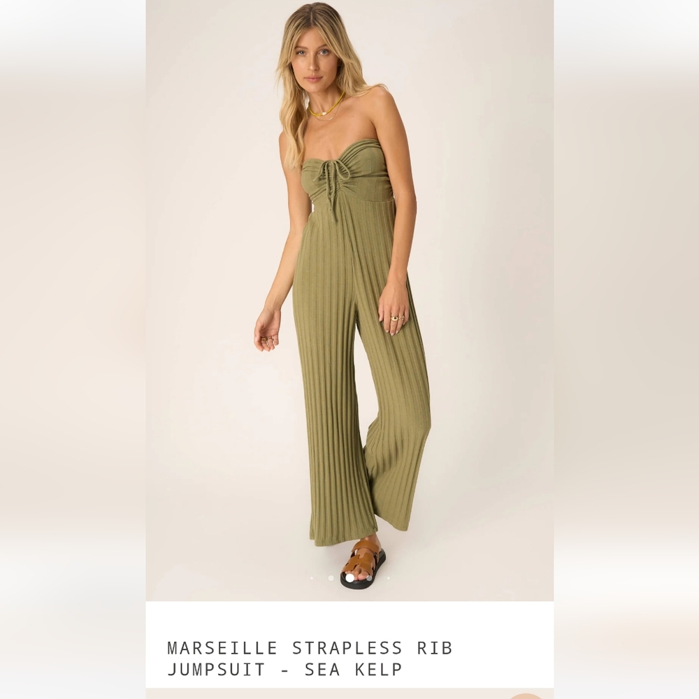 Project Social T Green Ribbed Knit Jumpsuit with Tie Waist